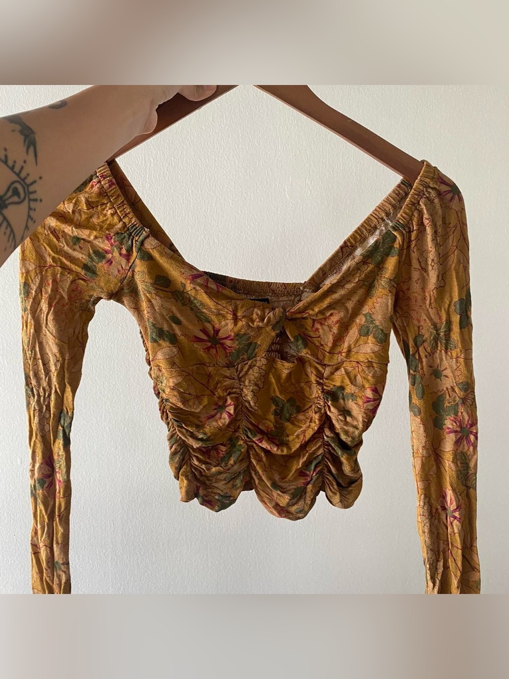 Urban Outfitters Mustard Floral Ruched Off-Shoulder Crop Top